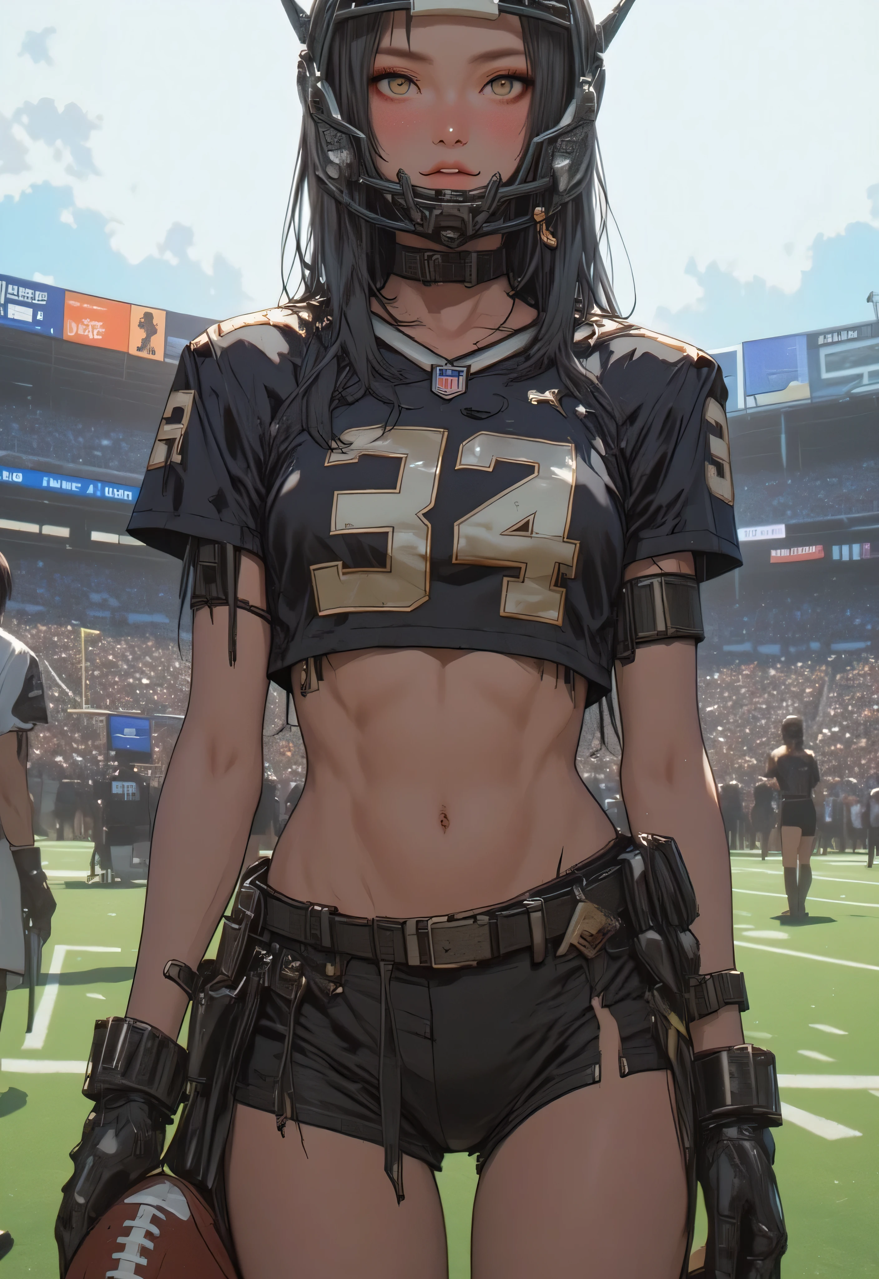 general plan, full body view, 1 beautiful young girl in American football player outfit ((Lingerie Bowl)), break/, accessory: helmet, gloves, American Football Gloves · American Football Shoulder Pads ·, mini shorts break/, clothing: she is wearing an American Football Jersey that reaches her navel, a mini skirt ((hot)), . break Feature: the young girl has a Nike All-Field 4.0 American Football Ball in her hands break/, environment: football field break/masterpiece, best quality, lighting, fast shutter speed, very realistic hands, anatomically accurate representation, Unique, 8k, implies absurd, ultra realistic , (highly detailed説明), (professional), (vibrant colors), (portrait), (soft lighting), (high resolution)