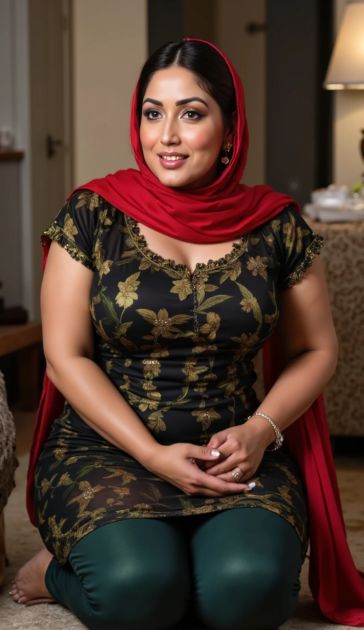 I am 50 year old plus size tall and big giant indian muslim women, looking like indian actress hansika motwani, wearing a black and gold mix colour printed Sleevless transparent knee length kurti and shining reflective glossy green leggings and shining red silk hijab,white-skin,
white skin tone, beautiful face, red lips, clean skin, celebrity face, thick leggs, round ass,bulging ass,huge breast,scooping D cup Breast,long polished nails,6 inch gold and red mix stileto heels,
women sitting on knees on floor for muslim prayer, both hands resting on thighs,in a black painted beautiful kitchen,women have huge bulging ass, happy face,looking the viewer,realistic photo,full body image,wide angle shot in camera, realistic photo, looking on camera for a snap,a quarter back side view of women,UHD photo,generate only woman sitting in side pose images and no standing images,exposing ass through kurti slit,