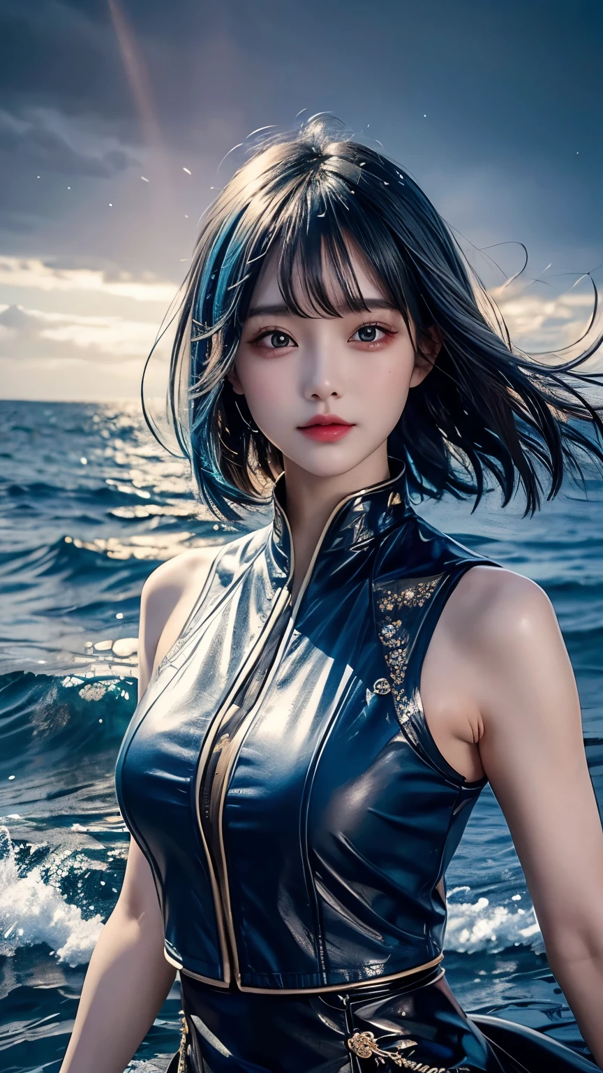 best qualtiy,Refined face,25岁少女,Slim figure,A body made of metal,Larger bust,Metallic structural skeleton,beachside,angel wing,sea beach,There are huge spaceships floating in the air,cyber punk perssonage,Sci-fi