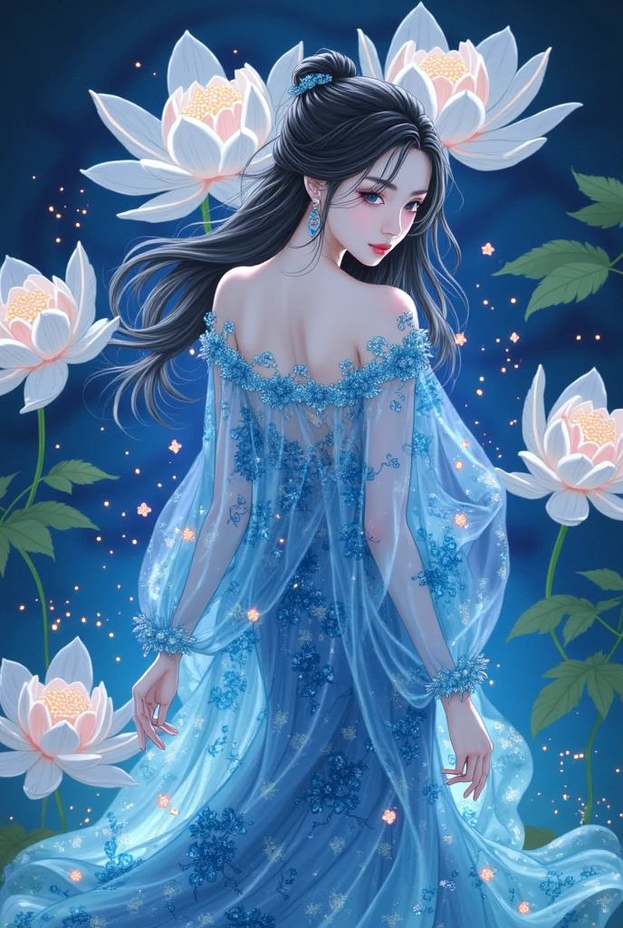  A fusion of ink painting and watercolor painting、A neat and beautiful Japanese woman、Black Hair、Blue see-through dress、masterpiece、 best quality、