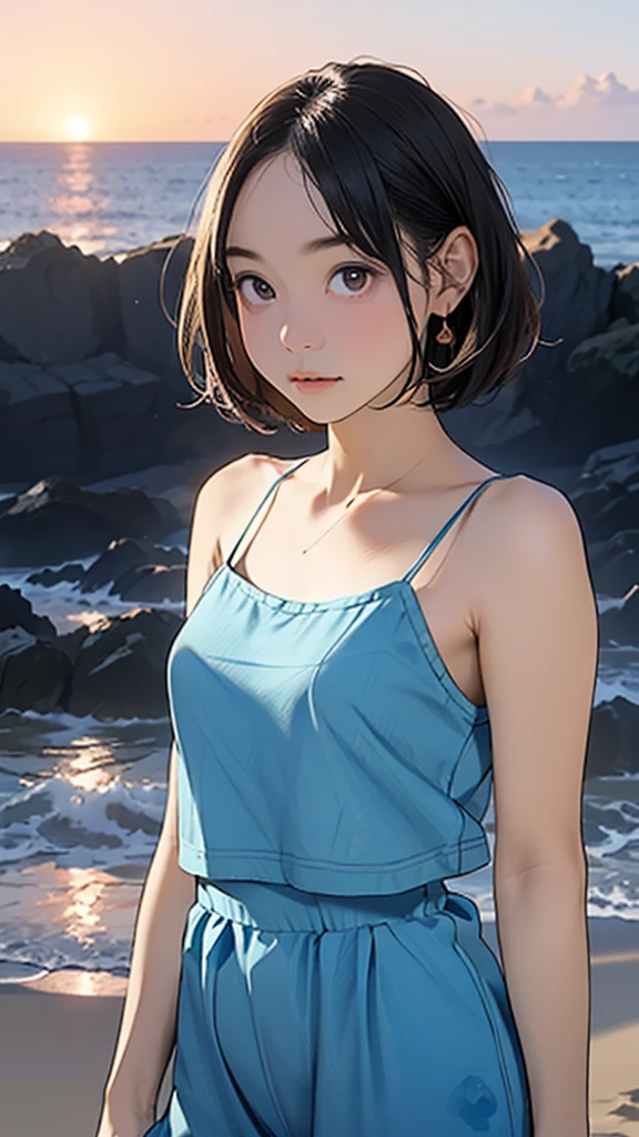 one girl, (12years old:1.4),(Very Young Face), (japan Person famous idol), cute face, ash gray hair:1.5, bob hair, short hair, camera's line of sight, small breasts, An ennui look, (((camisole, dress))) , particles of light, sea of ​​sunset, calm sea, white sand beach, very beautiful sunset, RAW photo, highest quality, High resolution, High resolution, masterpiece:1.3, 8k, 12k, professional photographer,((Extremely precise and accurate anatomy:1.0)),Kind eyes,Graceful pose,(Beauty of form:1.4) Golden ratio, big eye,(nature's providence:1.4),