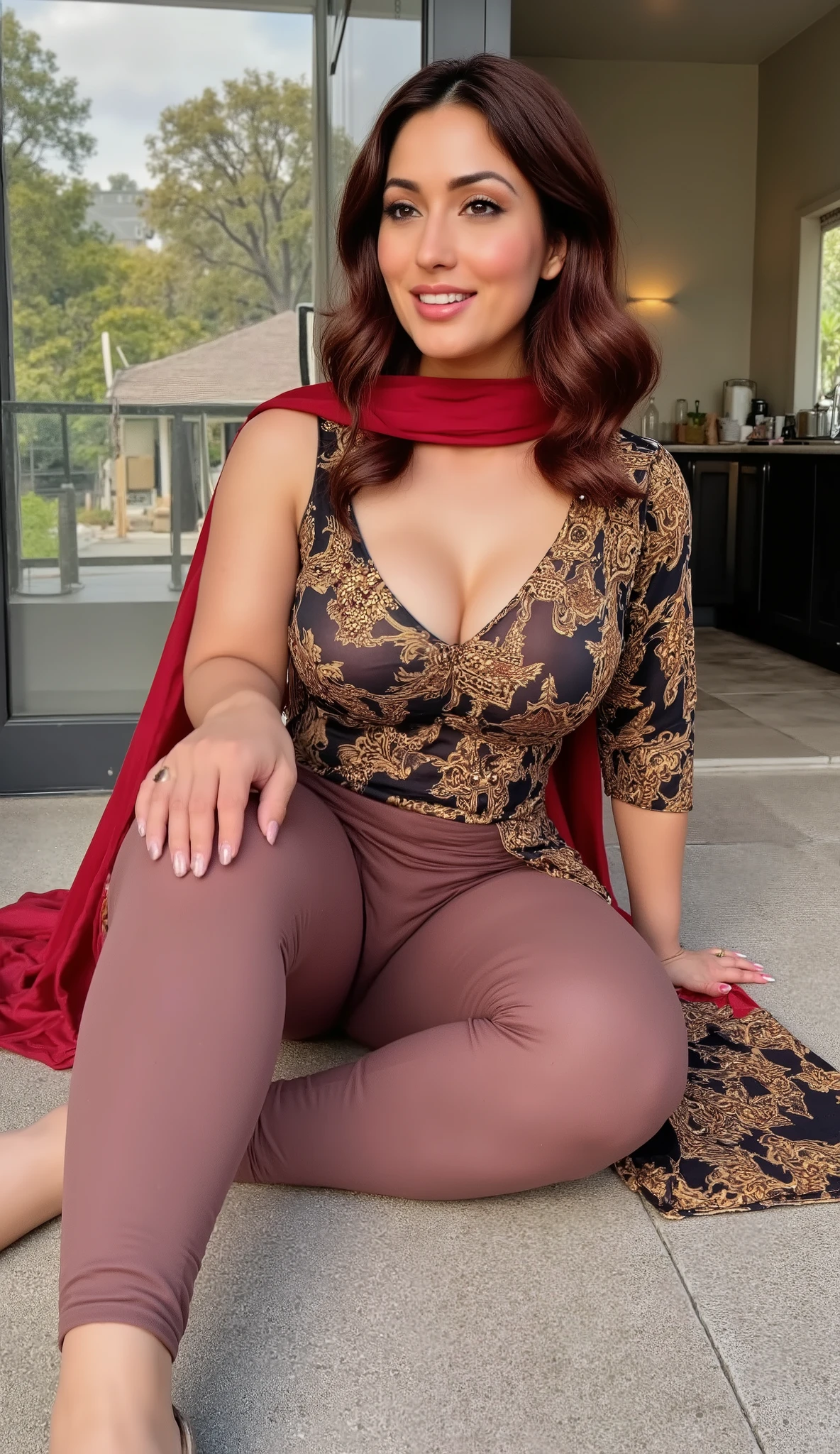 I am 50 year old plus size tall and big giant indian muslim women, looking like indian actress hansika motwani, wearing a black and gold mix colour printed Sleevless transparent knee length kurti and shining reflective glossy mauve leggings and shining red silk hijab,white-skin,

white skin tone, beautiful face, red lips, clean skin, celebrity face, thick leggs, round ass,bulging ass,huge breast,scooping D cup Breast,long polished nails,6 inch gold and red mix stileto heels,

women sitting on knees on floor for muslim prayer, both hands resting on thighs,in a black painted beautiful kitchen,women have huge bulging ass, happy face,looking the viewer,realistic photo,full body image,wide angle shot in camera, realistic photo, looking on camera for a snap,a quarter back side view of women,UHD photo,generate only woman sitting in side pose images and no standing images,exposing ass through kurti slit,