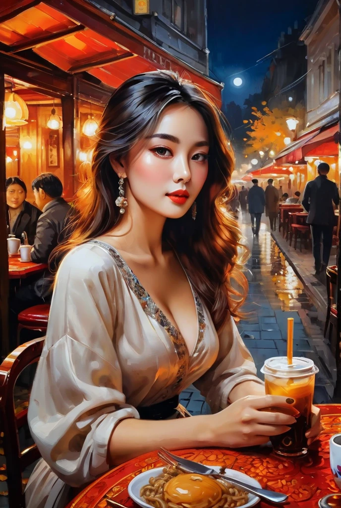 Best quality, masterpiece, meticulous details, intricate
detail, a beautiful lady chiling at a night cafe in a warm
autumn