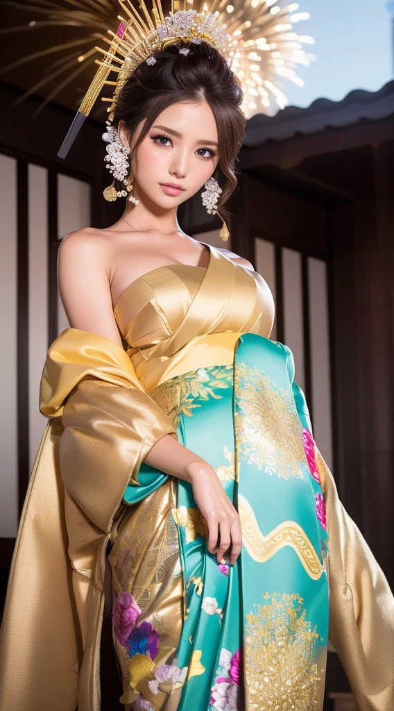 ((masterpiece(:1.4),Highest quality,Ultra-high resolution,Highest quality,8k,Extremely detailed,In detail))。night,Fireworks display,Japanese,A beautiful woman,slim,Large Breasts(1.6),sexy,glamorous,Flashy gal makeup,Oiran,Long-sleeved kimono,Uchikake,Gold brocade,Sunny clothes,Hair tying,hairpin,hair ornaments,geta,Oiran道中,Gorgeous and luxurious,(Fireworks displayのnightに河川敷で花火を背景にしたスナップ写真),Accentuate your chest,Show your shoulderove the dress up to the shoulders,