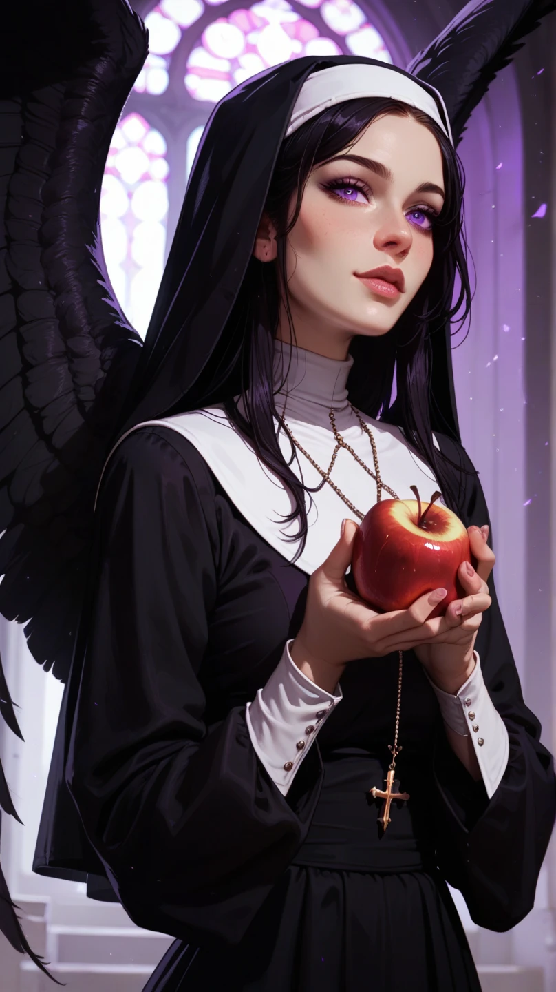 score_9, score_8_up, score_7_up, score_6_up, 1woman, purple eyes, long hair, black hair, nun outfit, sinner, black wings, ethereal, purple theme, holding apple, 