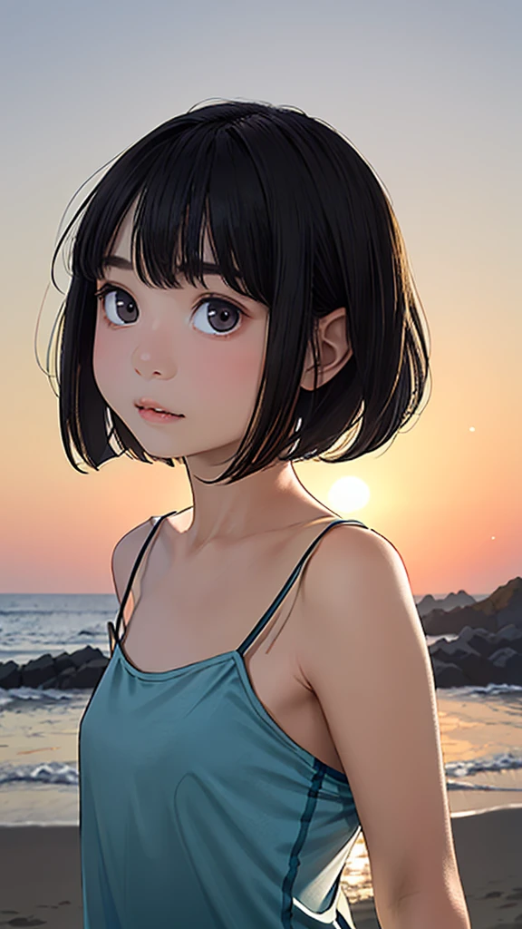 one girl, (12years old:1.4),(Very Young Face), (japan Person famous idol), cute face, ash gray hair:1.5, bob hair, short hair, camera's line of sight, small breasts, An ennui look, (((camisole, dress))) , particles of light, sea of ​​sunset, calm sea, white sand beach, very beautiful sunset, RAW photo, highest quality, High resolution, High resolution, masterpiece:1.3, 8k, 12k, professional photographer,((Extremely precise and accurate anatomy:1.0)),Kind eyes,Graceful pose,(Beauty of form:1.4) Golden ratio, big eye,(nature's providence:1.4),