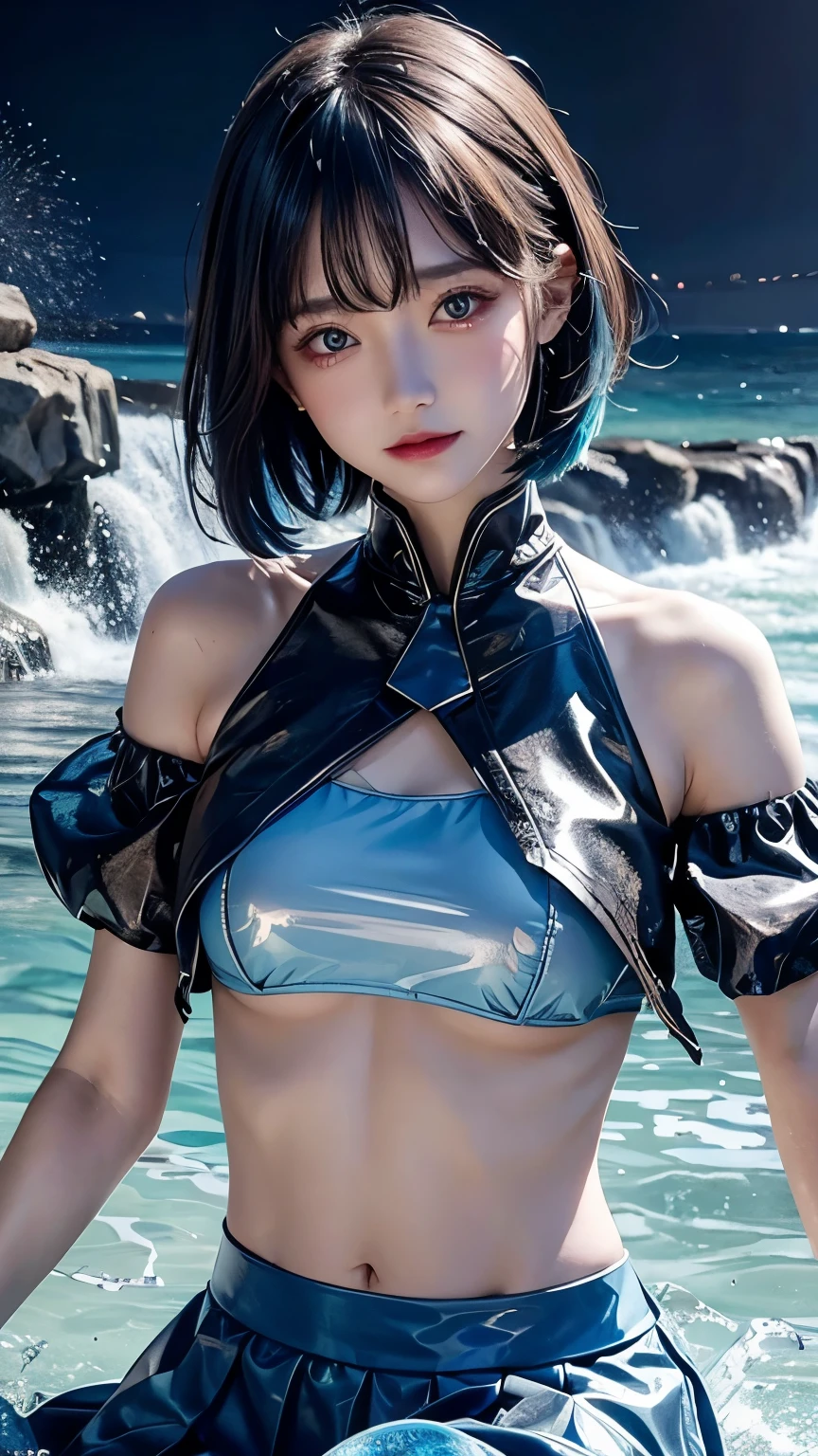 Under water scene, amazing woman, blue hair, blue eyes,