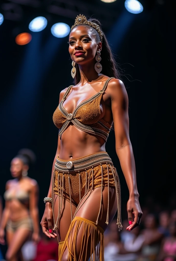 Create the ultra realistic midjourn v.5 type image of a model (black African features with symmetrical perfect eyes afro hairstyle, parading in sandals) towards the camera confidently on the runway, (((wearing swimwear))) ((tiny detailed neckline adjusted ultra modern symmetrical fit perfect fluorescent coral smooth vibrant intense color)) (detailed polyamide meryl fabric, Apply high-fashion photographic style to capture the essence of a glamorous epic high-fashion show by 50mm front lens in contrate background.