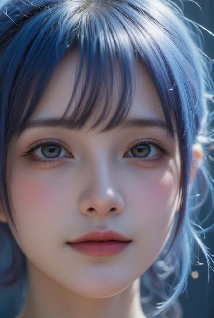 Miwa, black suit, long sleeve, black tie, light blue hair, long hair, asymmetric bangs, extremely beautiful face, exquisite face, seductive look, upper body, ((solo)), 1woman, film grain, realistic, detailed face, detailed skin, skin pores