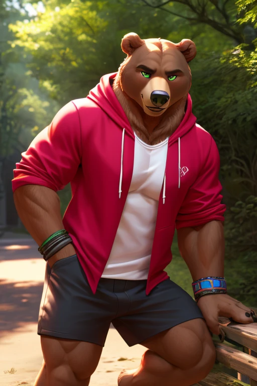 1 Boy ,eyes,  anthropomorphic bear   ,brown bear, brown fur, green pupils, Lean body, lean muscle  ,  short red sports sweatshirt, cargo short Black, open shirt,  dark bracelets ,   looking at the viewer,  look charismatic,  random position  ,  outdoor background  ,(FIRST WORK,  Better quality,   super detailed , 4K)