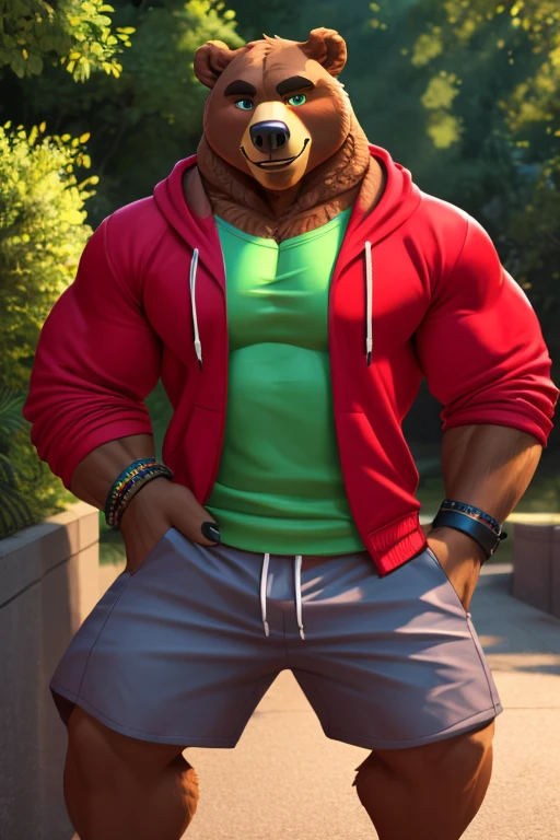 1 Boy ,eyes,  anthropomorphic bear   ,brown bear, brown fur, green pupils, Lean body, lean muscle  ,  short red sports sweatshirt, cargo short Black, open shirt,  dark bracelets ,   looking at the viewer,  look charismatic,  random position  ,  outdoor background  ,(FIRST WORK,  Better quality,   super detailed , 4K)