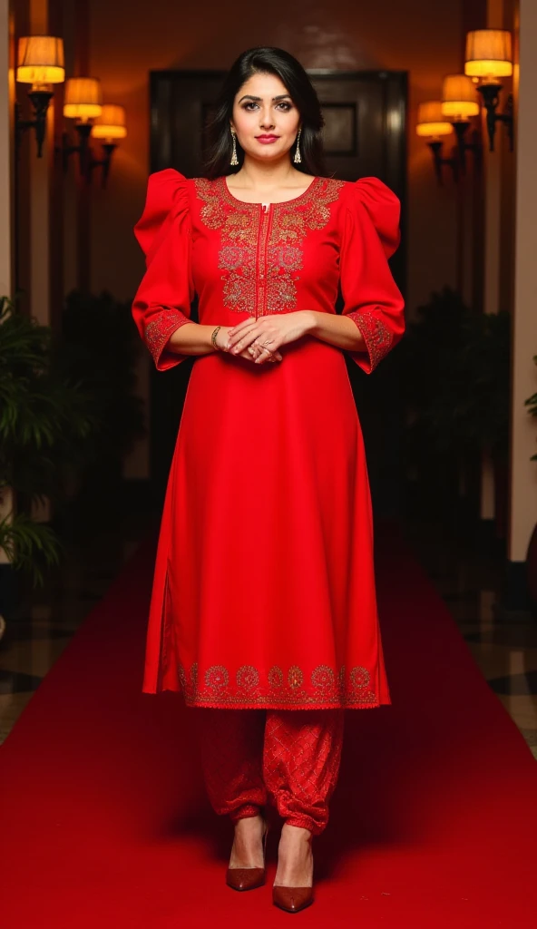 a tall fat v shape body figure woman stands straight gracefully at a party,camera-facing with her hands  together in front of her.she is wearing a punjabi-style outfit made of red lame multicolor lace design work fabric kurti. the round-neck kurti has exaggerated puffy shoulders, adding a dramatic flair, and fitting 3/4 sleeves for an elegant touch. paired with lame fabric dhoti-style shalwar,the look is completed with high heels that accentuate her poised stance,exuding sophistication and allure.