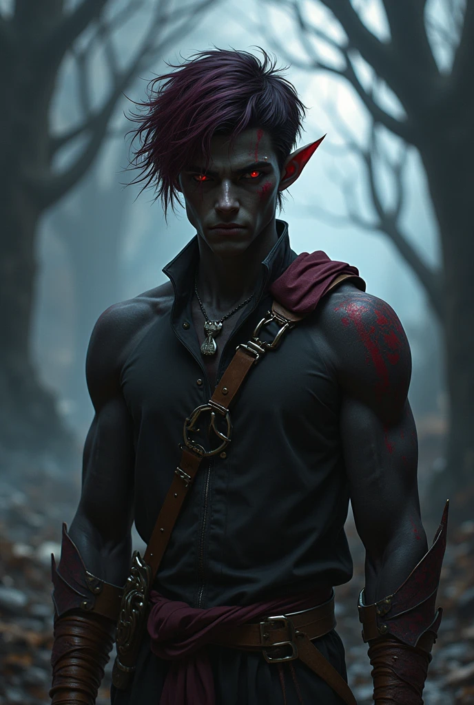 masterpiece, noise reduction, one boy, Best quality, sharp image, permission 8k, sharp image, Just focus, stunning composition, Volumetric lighting, super quality, Very detailed, medieval fantasy, adult male elf, long red curly hair, a few strands fall on your face, scar on the lip, Sharp facial features, heavy tired look, blue cold eyes, thin, skinny, thin, pale skin, freckles on the face, neck and shoulders, black robe necromancer, Red hair, surrounded by dead people and zombies