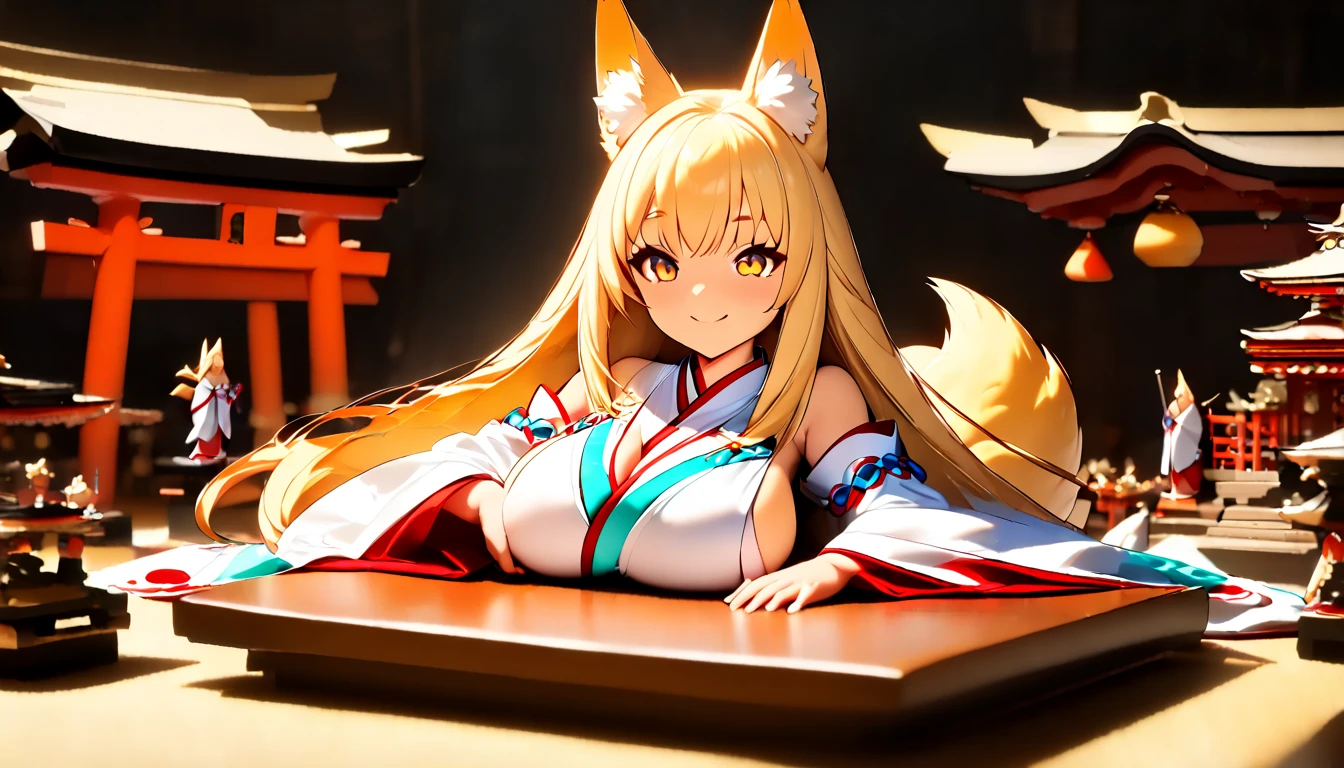 (  Masterpiece ,   top quality:1.2), ((( 1 anime girl))) , (((Alone))),   expressive eyes , Fox&#39;s Tail, ((( blonde long hair ))). ((( straight hair))), milf, mature woman, (smile), ((( golden eyes))), (((Standard shrine maiden costume))), ((( fox ears))), Big Breasts, 嬉しそうなsmile, face shot, (手を振ってsmileで話す),  looking at camera, goofy look, (((Torii of the small shrine ))),  Volume Light ,  subsurface scattering,  Cinematic Light ,  chiaroscuro,  jyojifuku, miko,red hakama, (((((HUGE STUDY ROOM ))))), ((( A miniature of a shrine on a huge desk))), ((( a very small hand-riding goddess on a huge desk))), Bird&#39;s-eye view, (((Tiny 5 cm tall woman ))), SD girl 