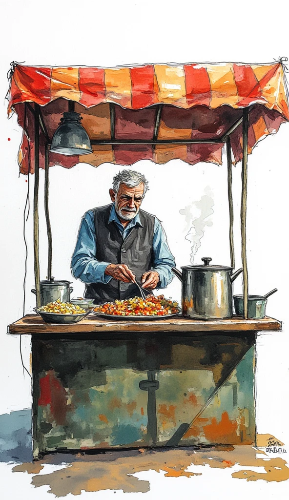 a mural art of an old man preparing food in his food stall, white background