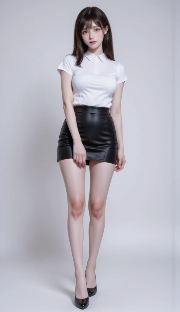 Japanese woman, beautiful face,、Long black hair,黒いシャツ、Micro Mini Skirt、 Beautiful feet、barefoot、tall、Black heels、Model Pose、 Sexy pose