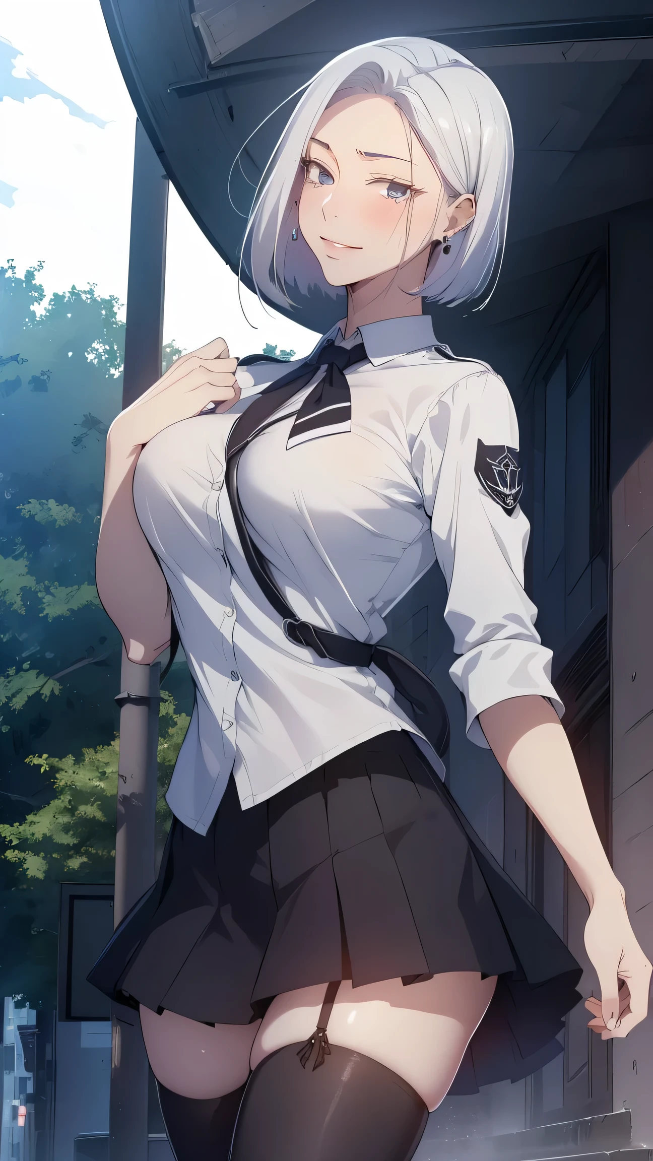 White hair, long hair, front view detailed body, Long belly , Slender figure , strong physique , Long Legs, masterpiece, is of the highest quality , Official Art , extremely detailed CG unity 8k wallpaper, (( top quality, 8k, masterpiece: 1.3, Ultra HD , high quality , is of the highest quality , HD, (( illustration )), Clarify the focus: 1.5,( extremely detailed CG unity 8k wallpaper), dark light, Light, Soadev \( Secret Course \), Big , White Skin, Inside Her Sweating Body , , seductive Smile, earrings, watching the audience, Awkward, Shy, blush, Bob_cut, Short hair, front view, shirt, skirt, plated skirt, tights , unravel, School, School_, School background, Cliff Arch , angel, Smile,arena ,side