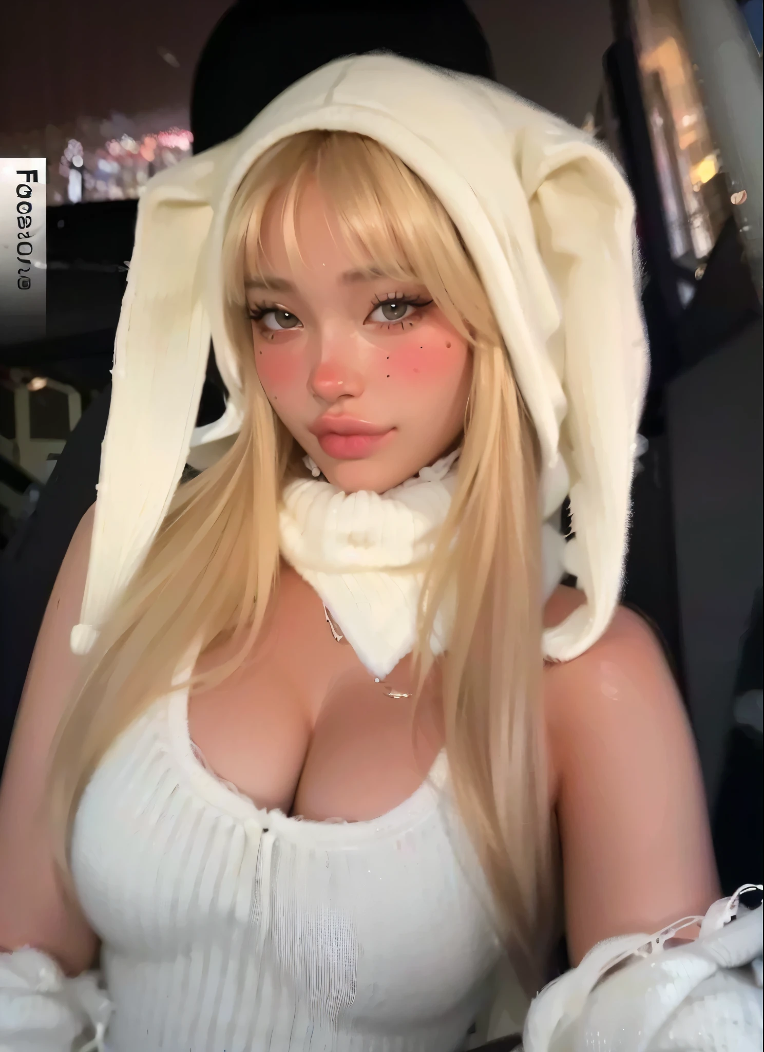 blank \(Nod\),Playboy Bunny, Bunny ears, pantyhose, Fishnet tights legwear, White leotard, Long white hair, Yellow Eyes, Fishnet tights, tie,
(Huge breasts:1.2, Upper Body, From above, Camel Toe, ) white panties,
jewelry, please put your hand on your chest,See through, Looking at the audience, hair ornaments, choker, shy, smile,
(masterpiece, highest quality, highest quality, Official Art, beautifully、aesthetic:1.2), (1 girl), Very detailed, colorful, Most detailed,
city,street, Tilt, wall, sun, cloud,Big Breasts、Big Breasts、Big Breasts、Big Breasts、live-action