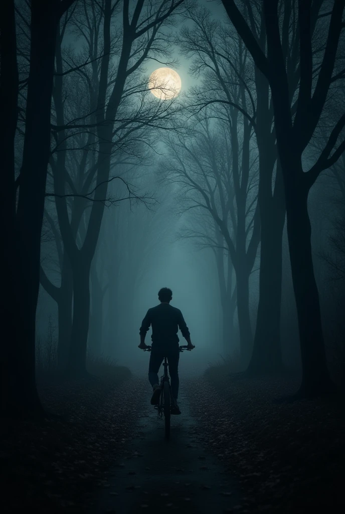 Night time and horror road and a boy with bike