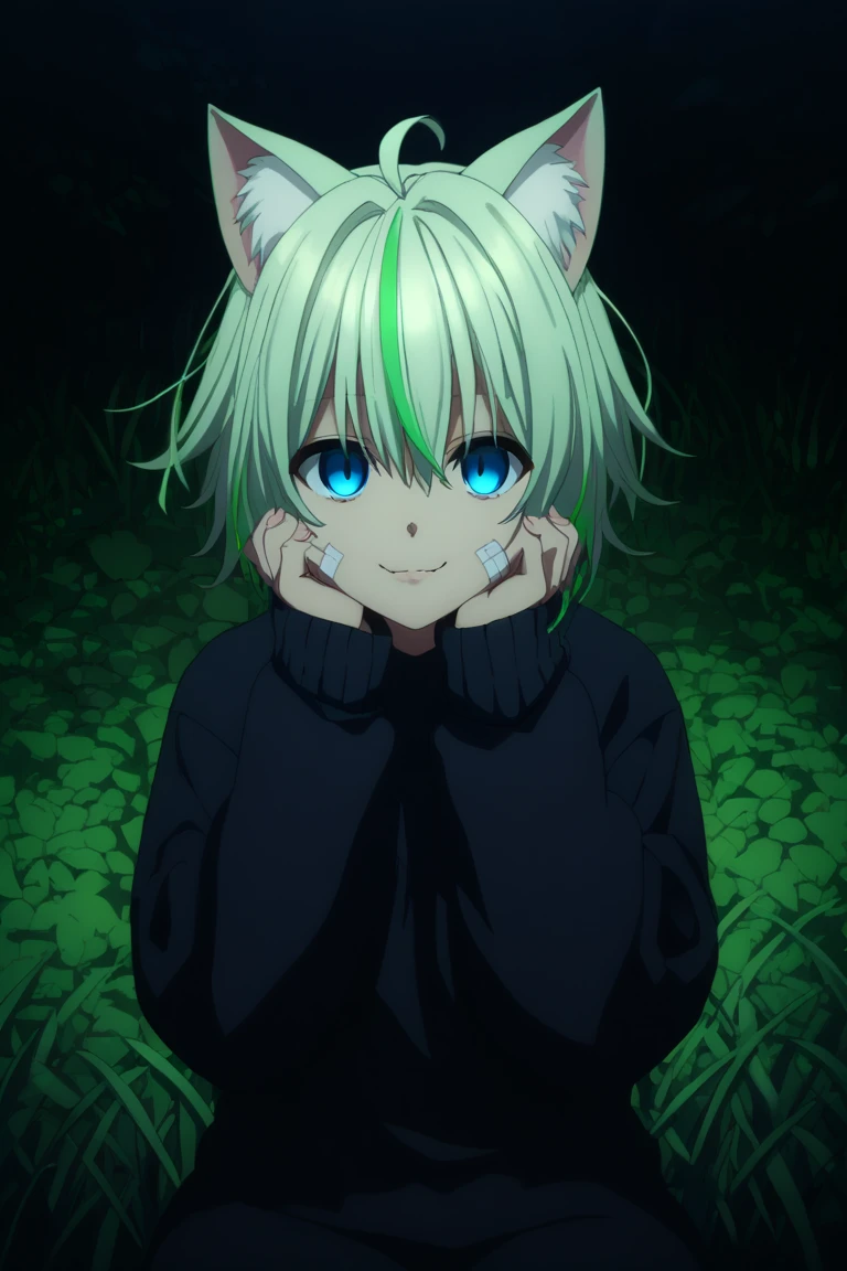 score_9, score_8_up, score_7_up, score_6_up, score_5_up, score_4_up, 1girl, ite, yandere, empty eyes, shaded face, upper body, from front, bandage on cheek, looking at viewer, animal ears, cat ears, multicolored hair, short hair, messy hair, light green hair, green streaked hair, ahoge, fangs, smile, closed mouth, light blue eyes, oversized sweater, black sweater, v neck, cable-knitted, long sleeves, sleeves past wrists, bangs, cat printed, hair ornament, x hair ornament, hands on cheeks, sitting, on park bench, outdoors, dark atmosphere, soft focus, low lighting, anime screencap, night, dark, dark background, Low-key lighting, forest, grass, tree, path, river, night, no humans