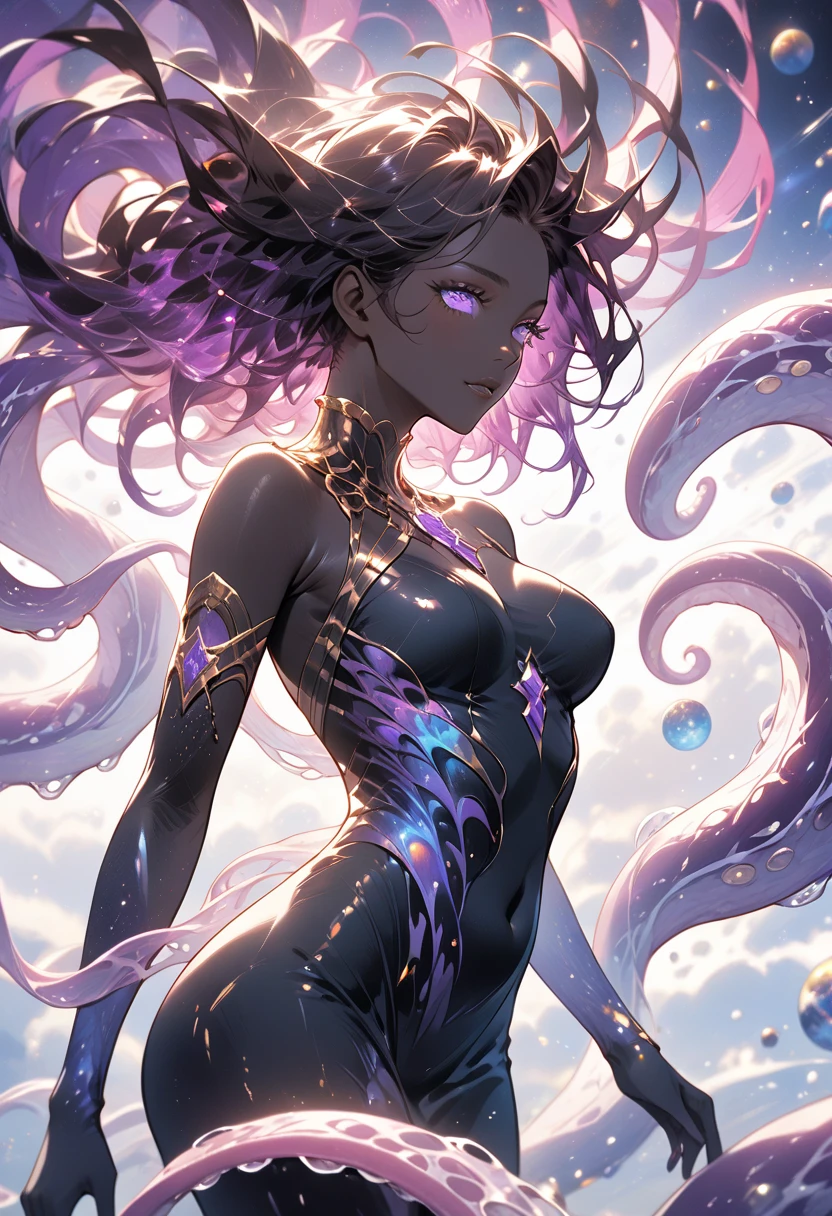 A stellar Being, long, floating dark hair that moves like space debris, They possess eyes blazing with cosmic energy and pitch black  skin that ripples with galaxies beneath, Translucent purple tentacles flow from her back like cosmic ribbons, Form-fitting black clothing frames her tall curvy figure, Living stars and nebulae dance across her surface
