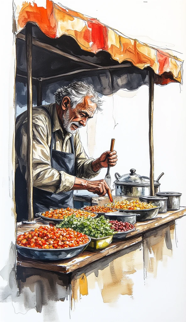 a mural art of an old man preparing food in his food stall, white background