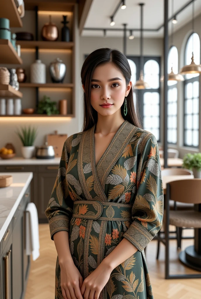 Head shot of Gorgeous and Alluring Indonesian Woman, exotic Indonesian beauty, detailed face, she is wearing stylish elegant Pekalongan Style batik wardrobe in an Open Space Kitchen with waterfall counter tops. Highly detailed and intricate photorealistic CGI 3D render, wide angle, 24mm f/1.4, 15mm, 35mm, 4k, high resolution, 4k, 8k, high definition, full color, 4k, 8k, 4k, high definition