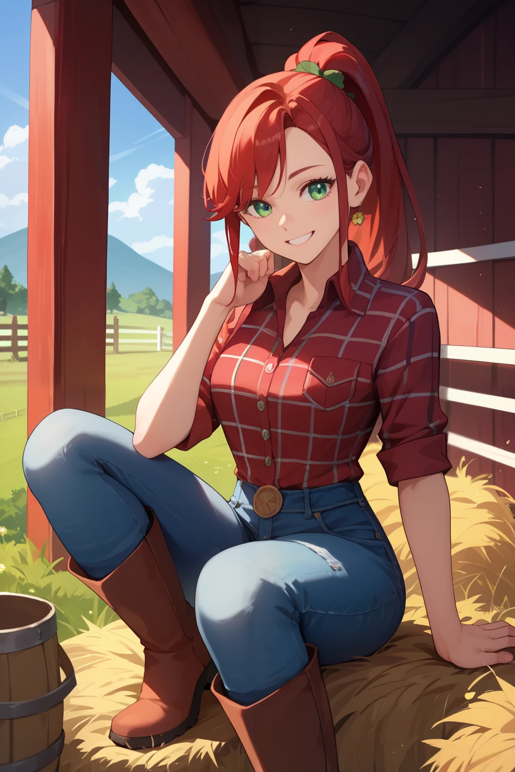 ),(masterpiece),(best quality),(ultra-detailed),(best illustration),(best shadow),(absurdres),(detailed background), Red long hair (Ponytail), green eyes, Daisy dukes, Smiling, Boots, Farm,