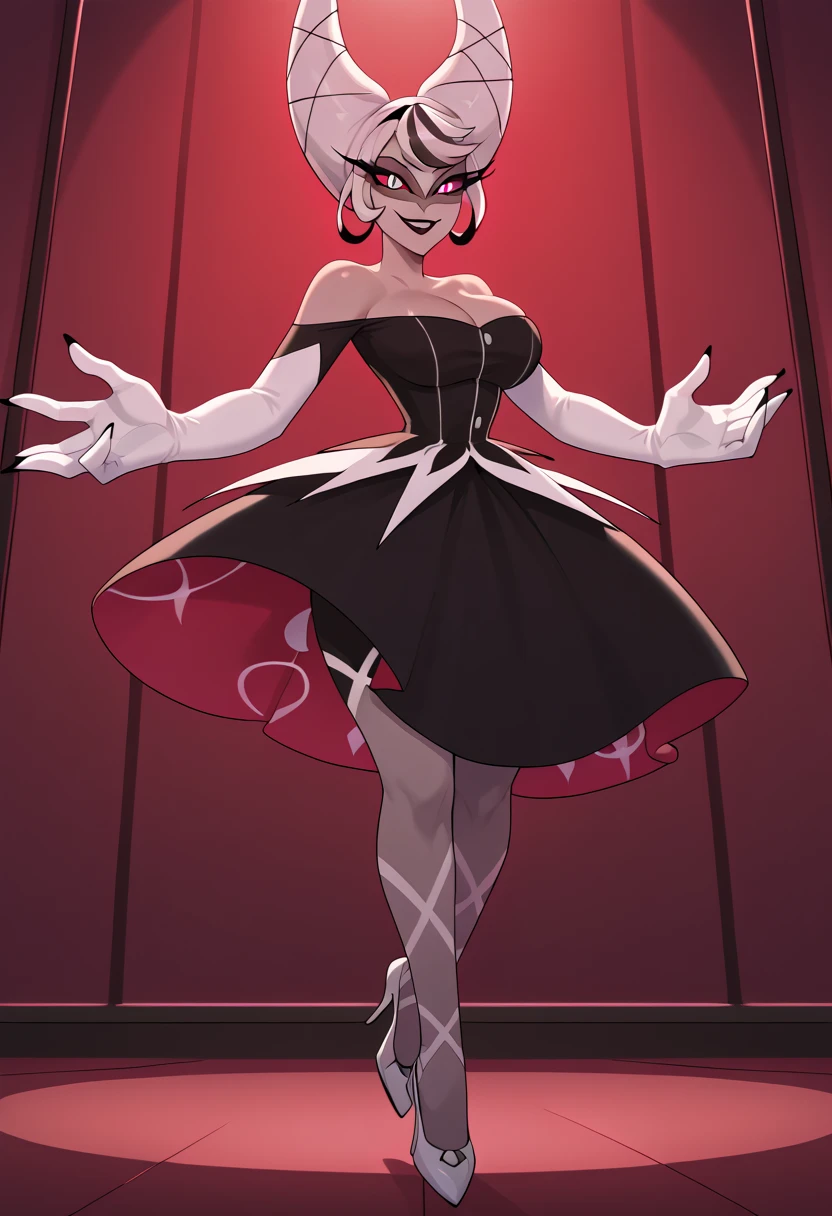 Angel Dust Hazbin Hotel, , wide hips, wearing suit, wearing black shorts, cleavage, highly detailed, hi res, high resolution, cleavage, , looking at viewer, curvy huge breast, curvy, full body, pants, cloak, curvy, maid, butler, vest, boots