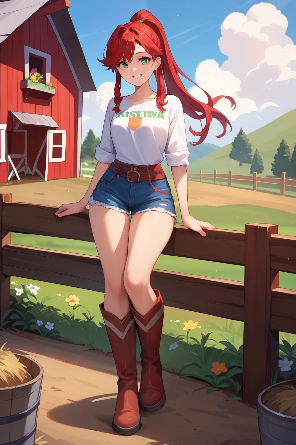 ),(masterpiece),(best quality),(ultra-detailed),(best illustration),(best shadow),(absurdres),(detailed background), Red long hair (Ponytail), green eyes, Daisy dukes, Smiling, Boots, Farm,