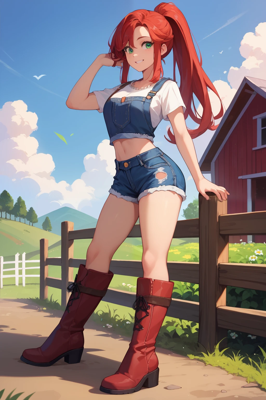 ),(masterpiece),(best quality),(ultra-detailed),(best illustration),(best shadow),(absurdres),(detailed background), Red long hair (Ponytail), green eyes, Daisy dukes, Smiling, Boots, Farm,