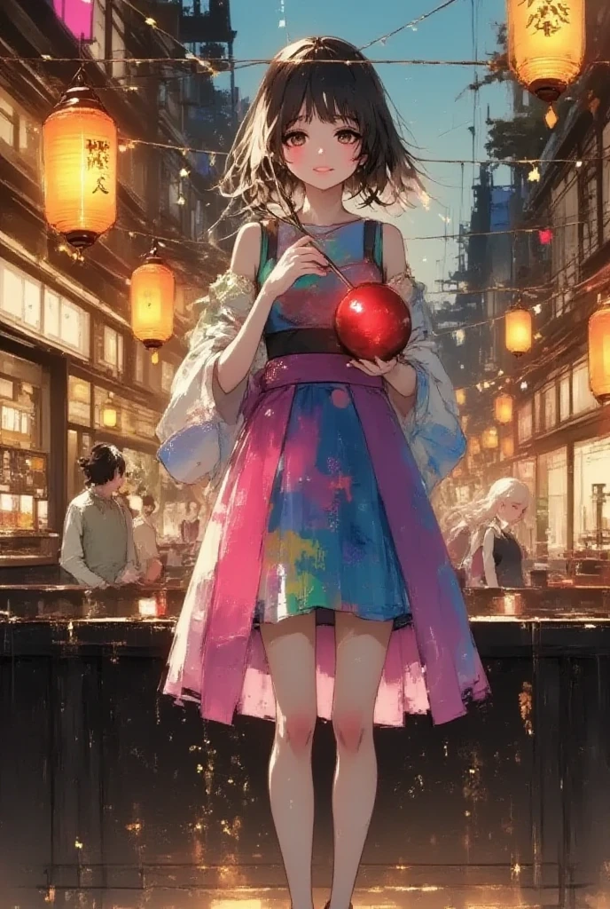 A vibrant Japanese summer festival at night, where a young woman dressed in a colorful yukata with a traditional bun hairstyle smiles warmly while holding a glossy, red candy apple. She stands in front of a lively food stall, surrounded by glowing paper lanterns that cast a soft, warm light over the scene. Above her, strings of flags flutter gently in the evening breeze, adding to the festive atmosphere. The setting is rich in detail, with other festival-goers in the background, traditional decorations, and the joyful buzz of celebration filling the air. oil painting, damaged image,