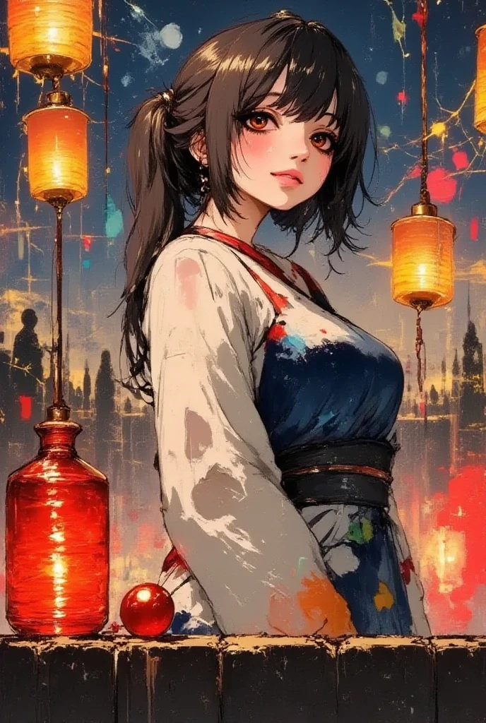 A vibrant Japanese summer festival at night, where a young woman dressed in a colorful yukata with a traditional bun hairstyle smiles warmly while holding a glossy, red candy apple. She stands in front of a lively food stall, surrounded by glowing paper lanterns that cast a soft, warm light over the scene. Above her, strings of flags flutter gently in the evening breeze, adding to the festive atmosphere. The setting is rich in detail, with other festival-goers in the background, traditional decorations, and the joyful buzz of celebration filling the air. oil painting, damaged image,