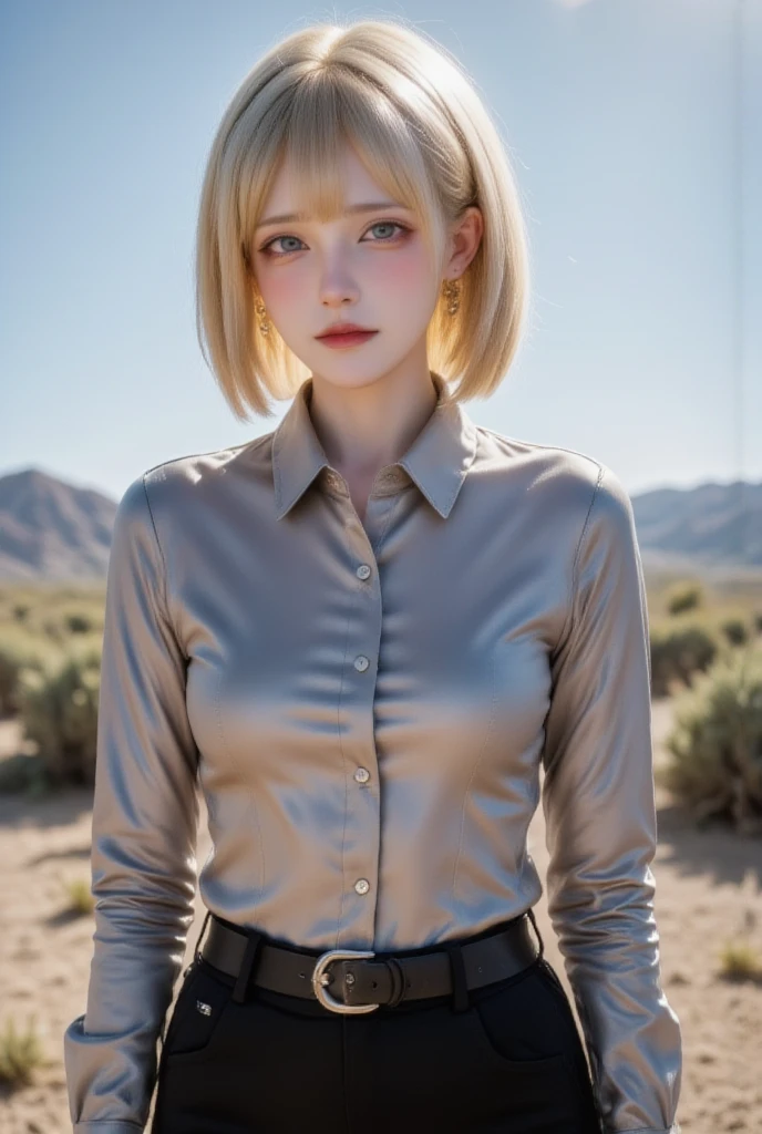 beautiful photograph of a smart looking 1girl, blonde bob cut, stunning green eyes, solo, wearing a (silver satin collared shirt:1.2), very detailed fine silk fabric emphasis, perfectly defined button detailing, (black pants:1.4), belt, diamond stud earrings, serious expression, slim figure, standing against a country skyline at midday, cowboy shot, full body shot, photographed on a Fujifilm XT3, 80mm F/1.7 prime lens, cinematic film still, cinestill 500T, highly detailed, masterpiece, highest quality, intricately detailed, HDR, 8k, uhd, photorealistic, 