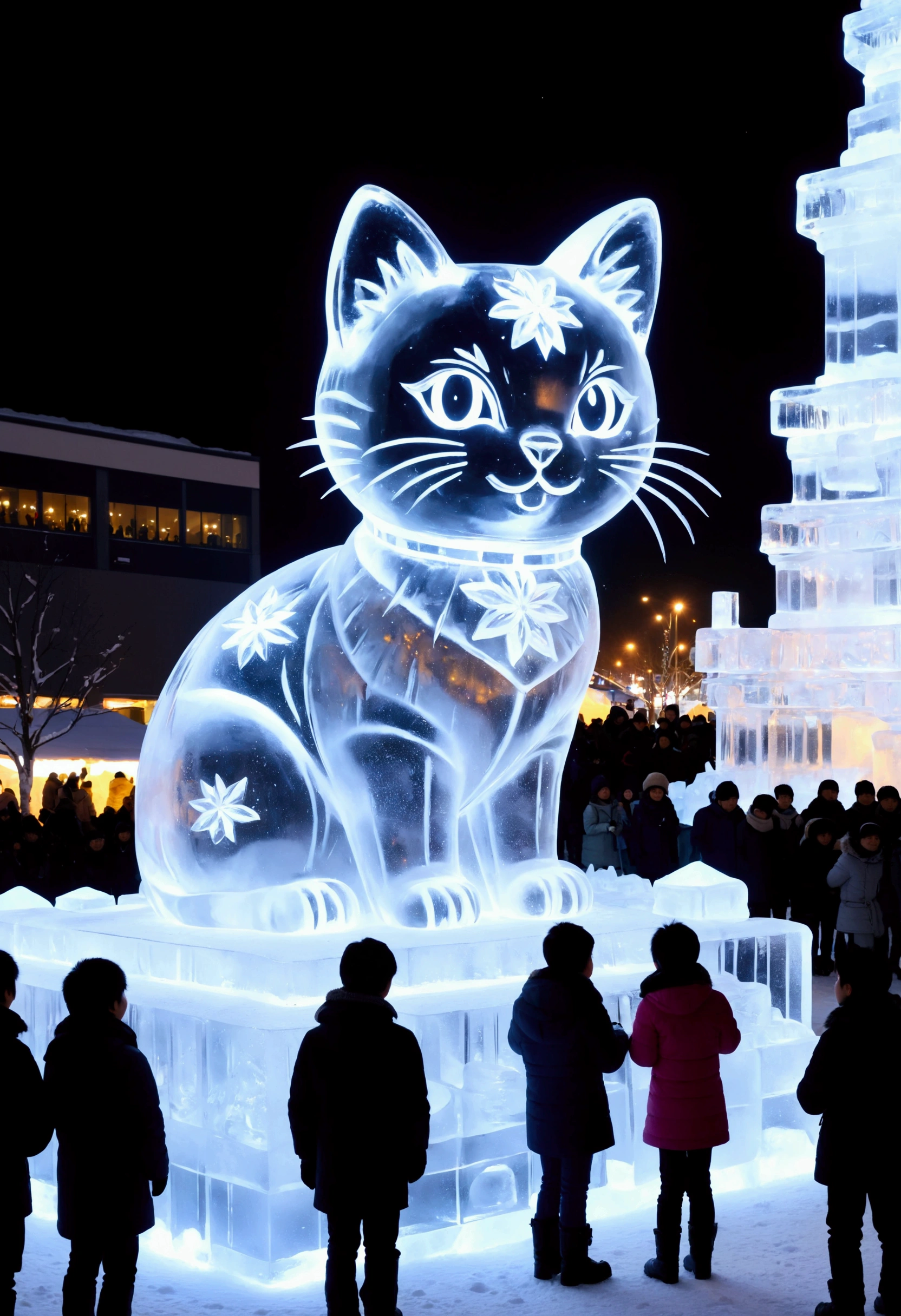 Giant transparent ice sculpture, ice pedestal, (cute little cat), Sapporo Snow Festival, twinkling lights, Numerous onlookers behind the ice sculpture, (masterpiece), (top quality), (super high detail).