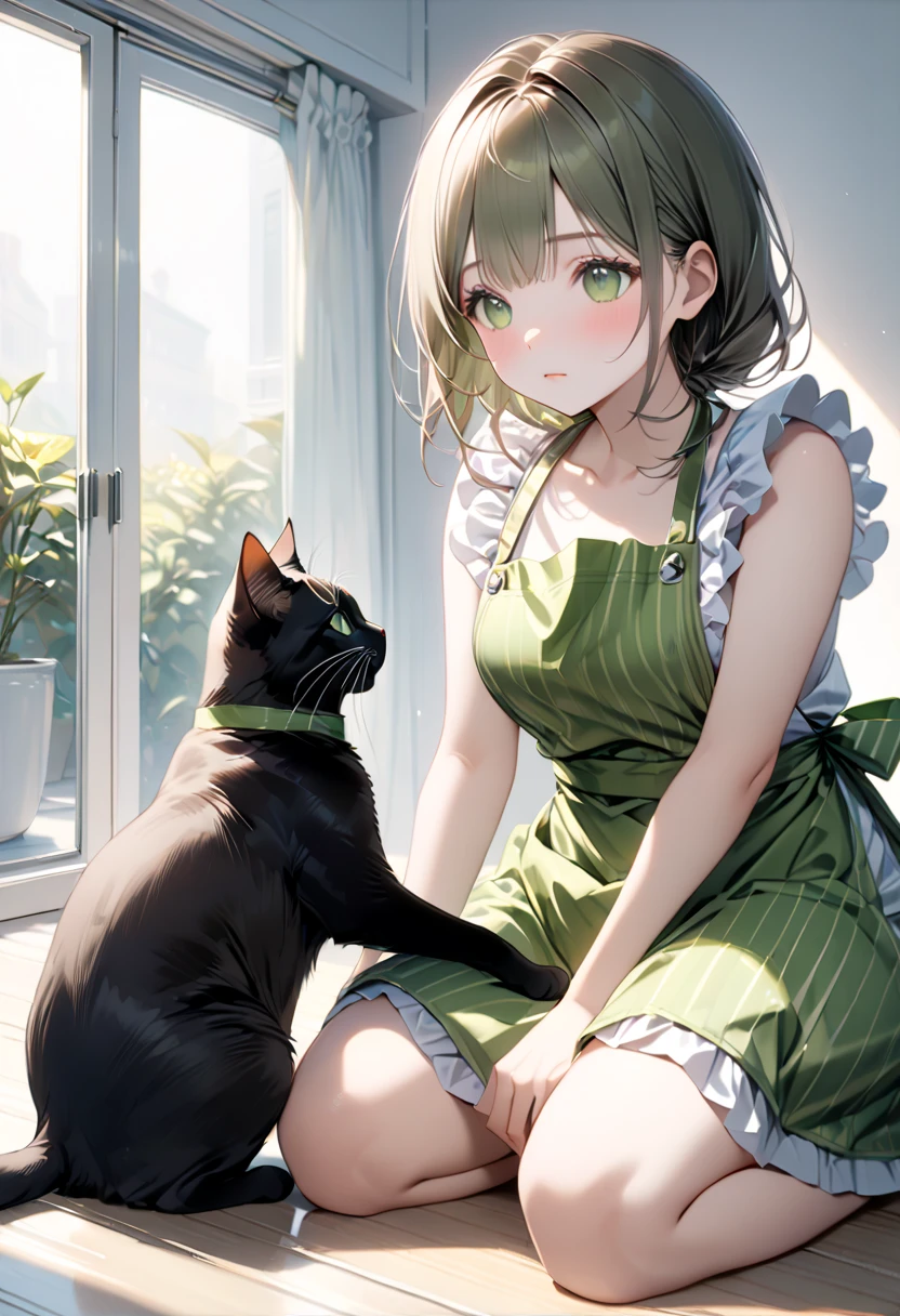 (masterpiece), (ultra-detailed), (best quality), (clear focus), (ultra-high resolution), (8k), perfect anatomy, perfect face, solo, detailed face, detailed eye, (the large chubby black cat is wearing a vertical striped green apron:1.2), (sitting on the floor in the white room and looking at outside from the window), (There are nothing in the room:1.4), (expressionless:1.2), (extremely detailed cat:1.3), full body