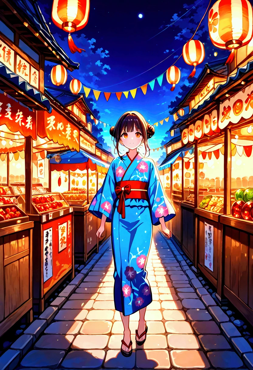 A vibrant Japanese summer festival at night, where a young woman dressed in a colorful yukata with a traditional bun hairstyle smiles warmly while holding a glossy, red candy apple. She stands in front of a lively food stall, surrounded by glowing paper lanterns that cast a soft, warm light over the scene. Above her, strings of flags flutter gently in the evening breeze, adding to the festive atmosphere. The setting is rich in detail, with other festival-goers in the background, traditional decorations, and the joyful buzz of celebration filling the air