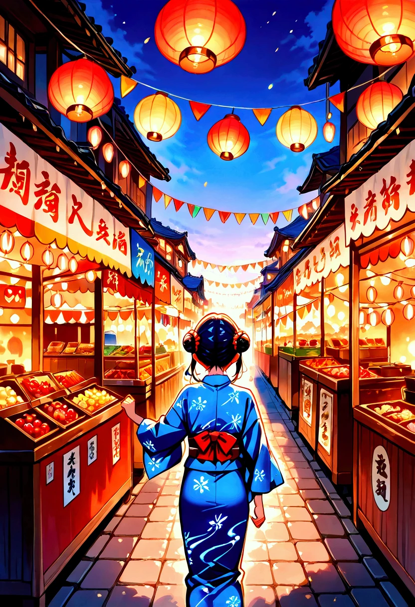 A vibrant Japanese summer festival at night, where a young woman dressed in a colorful yukata with a traditional bun hairstyle smiles warmly while holding a glossy, red candy apple. She stands in front of a lively food stall, surrounded by glowing paper lanterns that cast a soft, warm light over the scene. Above her, strings of flags flutter gently in the evening breeze, adding to the festive atmosphere. The setting is rich in detail, with other festival-goers in the background, traditional decorations, and the joyful buzz of celebration filling the air