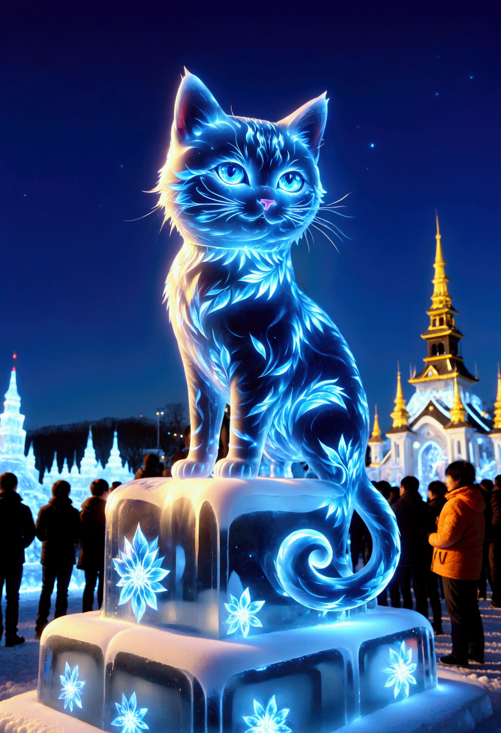 Giant transparent ice sculpture, ice pedestal, (cute little cat), Sapporo Snow Festival, twinkling lights, Numerous onlookers behind the ice sculpture, (masterpiece), (top quality), (super high detail).