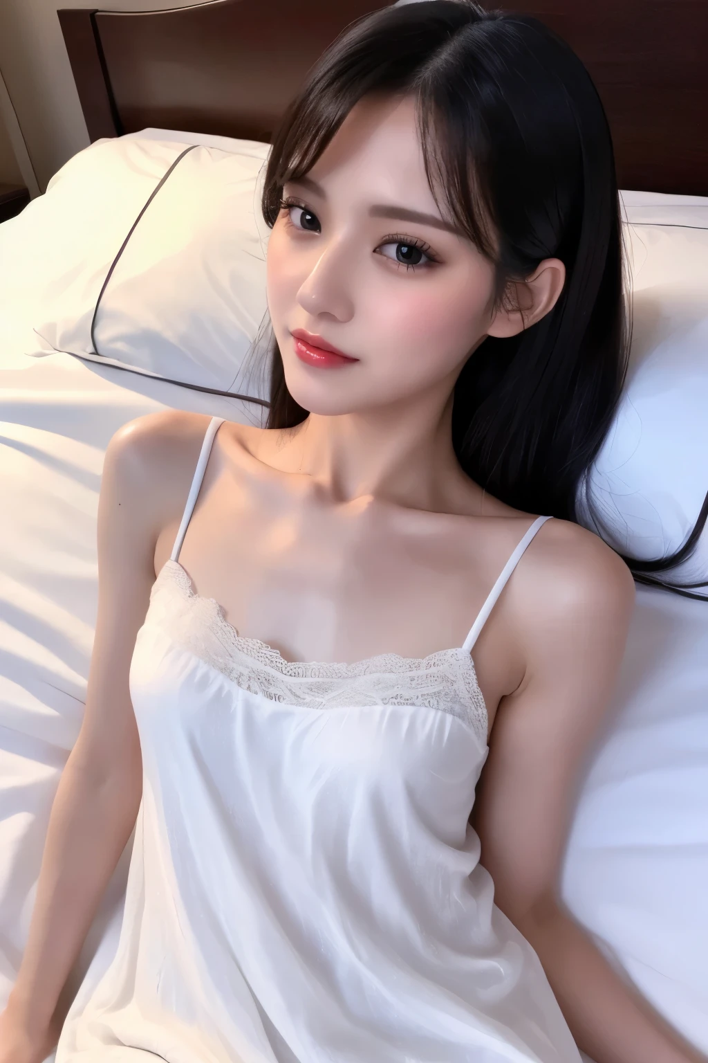 Small earrings、Silver Necklace、Dynamic、Low Leg、Low rise、sleep、Humble、Shyness、Soft hotel bed、(((Realistic images)))、Crystal clear white skin、Bold Pose、(One Girl)、White underwear、Shoulder-length brunette hair、Make your expressions more realistic、Thin, soft and smooth hair、Highlighting wrinkles in clothes、((Tabletop、highest quality、High resolution))、Extremely detailed 8K、 (Ultra HD、Super detailed、Very detailed、Very realistic、Ultra-realistic、Photo Real)、One girl、One thumb、Refers to four books、The underwear you wear is very soft and pleasant to the touch.、smile、Cute baby face、19age、((A full-screen close-up of a face))、