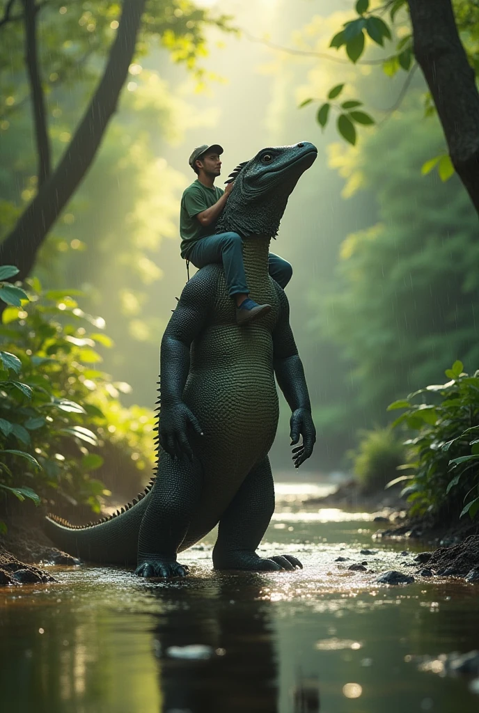 A naked man stands and embraces a crocodile from behind. Make a face to the climax Atmosphere in the middle of the forest and stream