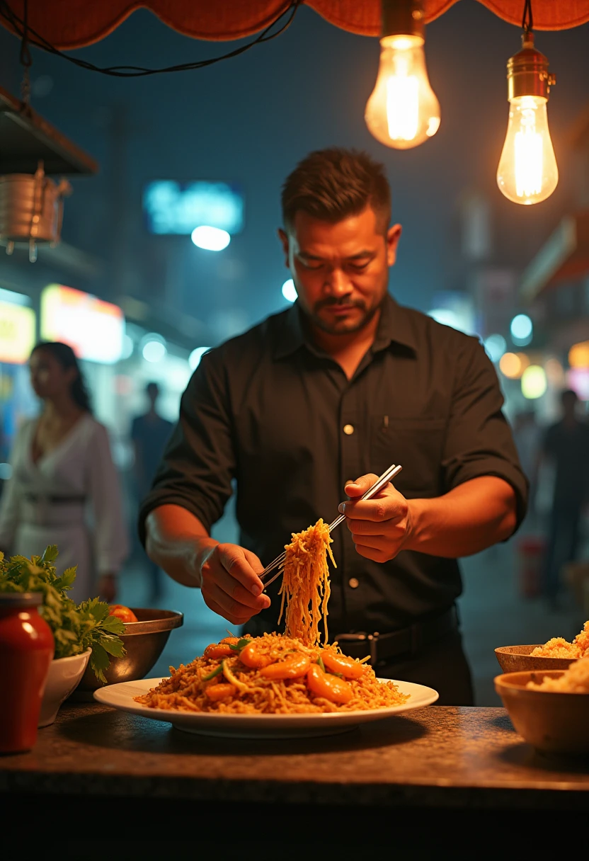 a middle-aged muscular asian man serving nasi goreng at a street food stall at midnight, a very long haired transparent woman in a robe gown waving in the background, detailed food, detailed stall, detailed characters, cinematic lighting, hyper realistic, photorealistic, 8k, masterpiece