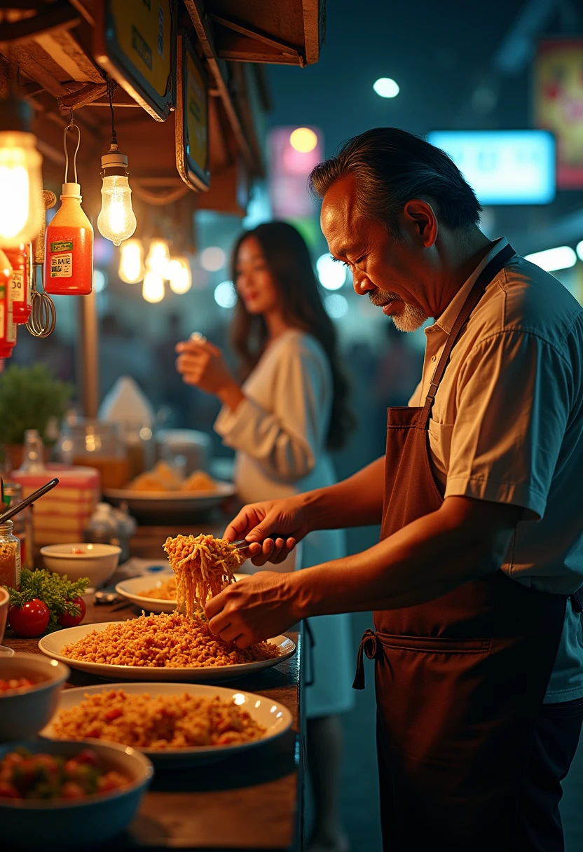 a middle-aged muscular asian man serving nasi goreng at a street food stall at midnight, a very long haired transparent woman in a robe gown waving in the background, detailed food, detailed stall, detailed characters, cinematic lighting, hyper realistic, photorealistic, 8k, masterpiece