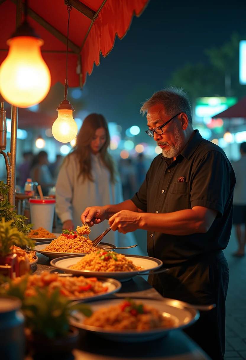 a middle-aged muscular asian man serving nasi goreng at a street food stall at midnight, a very long haired transparent woman in a robe gown waving in the background, detailed food, detailed stall, detailed characters, cinematic lighting, hyper realistic, photorealistic, 8k, masterpiece