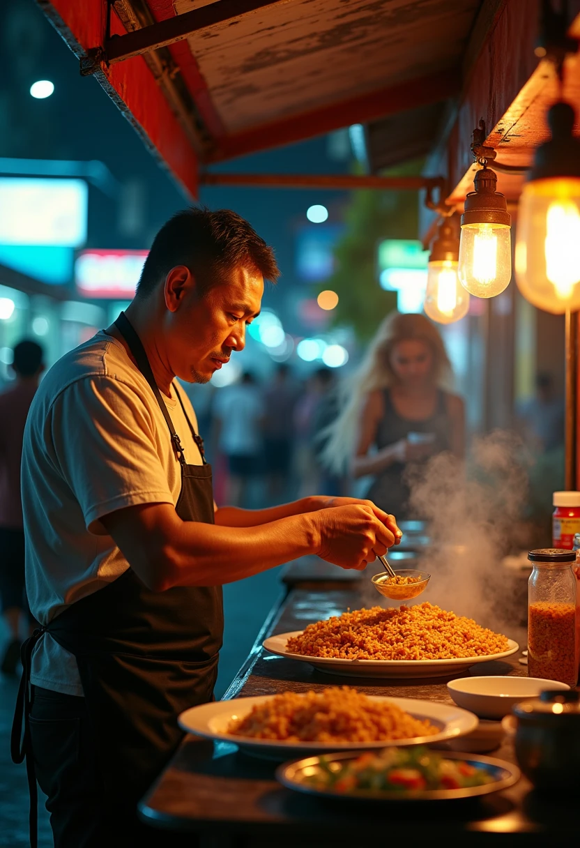 a middle-aged muscular asian man serving nasi goreng at a street food stall at midnight, a very long haired transparent woman in a robe gown waving in the background, detailed food, detailed stall, detailed characters, cinematic lighting, hyper realistic, photorealistic, 8k, masterpiece