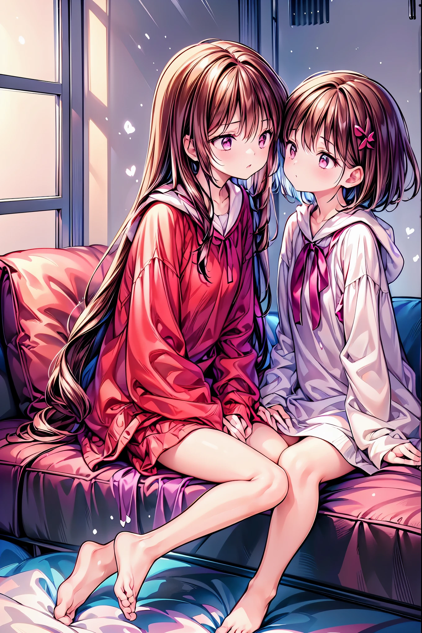 Couple in their 20s、male1名, woman1名、maleとwomanの両方のための軽い服装、Kissing 、Shiny atmosphere、Saliva outflow、woman(Medium length brown hair )close ~ eye、Sweet Sigh、male( Short Black Hair 、右手をwomanの頬に当てる)tightly close your eye、 With background(room、Sofa)、Late Night、 dark、 anatomically accurate hands and feet 、 Girls Are Slightly Skinny 、 underwear