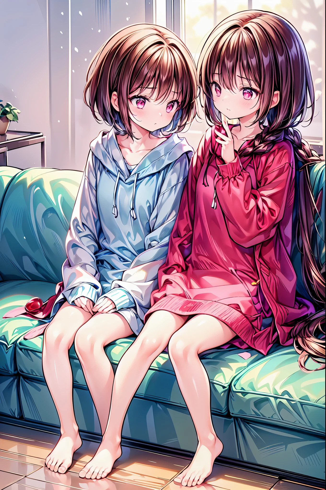 Couple in their 20s、male1名, woman1名、maleとwomanの両方のための軽い服装、Kissing 、Shiny atmosphere、Saliva outflow、woman(Medium length brown hair )close ~ eye、Sweet Sigh、male( Short Black Hair 、右手をwomanの頬に当てる)tightly close your eye、 With background(room、Sofa)、Late Night、 dark、 anatomically accurate hands and feet 、 Girls Are Slightly Skinny 、 underwear