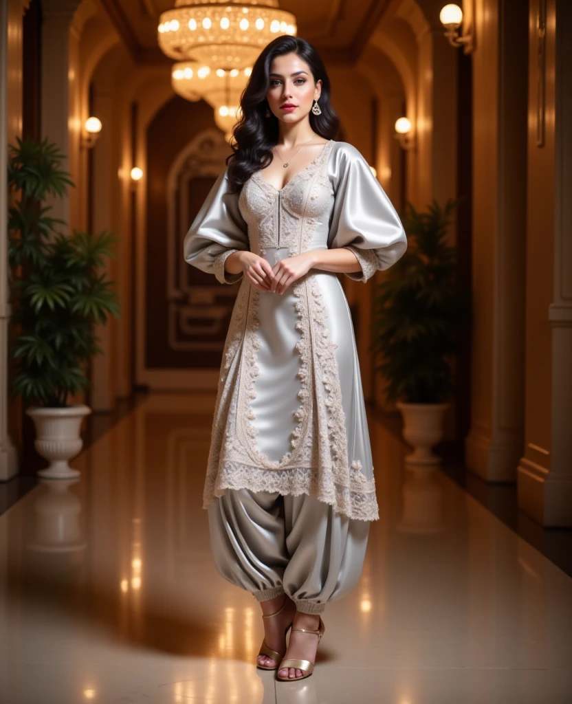 a tall apple shape body figure woman stands straight gracefully at a party,camera-facing with her hands  together in front of her.she is wearing a punjabi-style outfit made of silver satin with multicolor  lace design work fabric kurti. the round-neck kurti has exaggerated puffy shoulders, adding a dramatic flair, and fitting 3/4 sleeves for an elegant touch. paired with satin fabric dhoti-style shalwar,the look is completed with high heelsthat accentuate her poised stance,exuding sophistication and allure.
