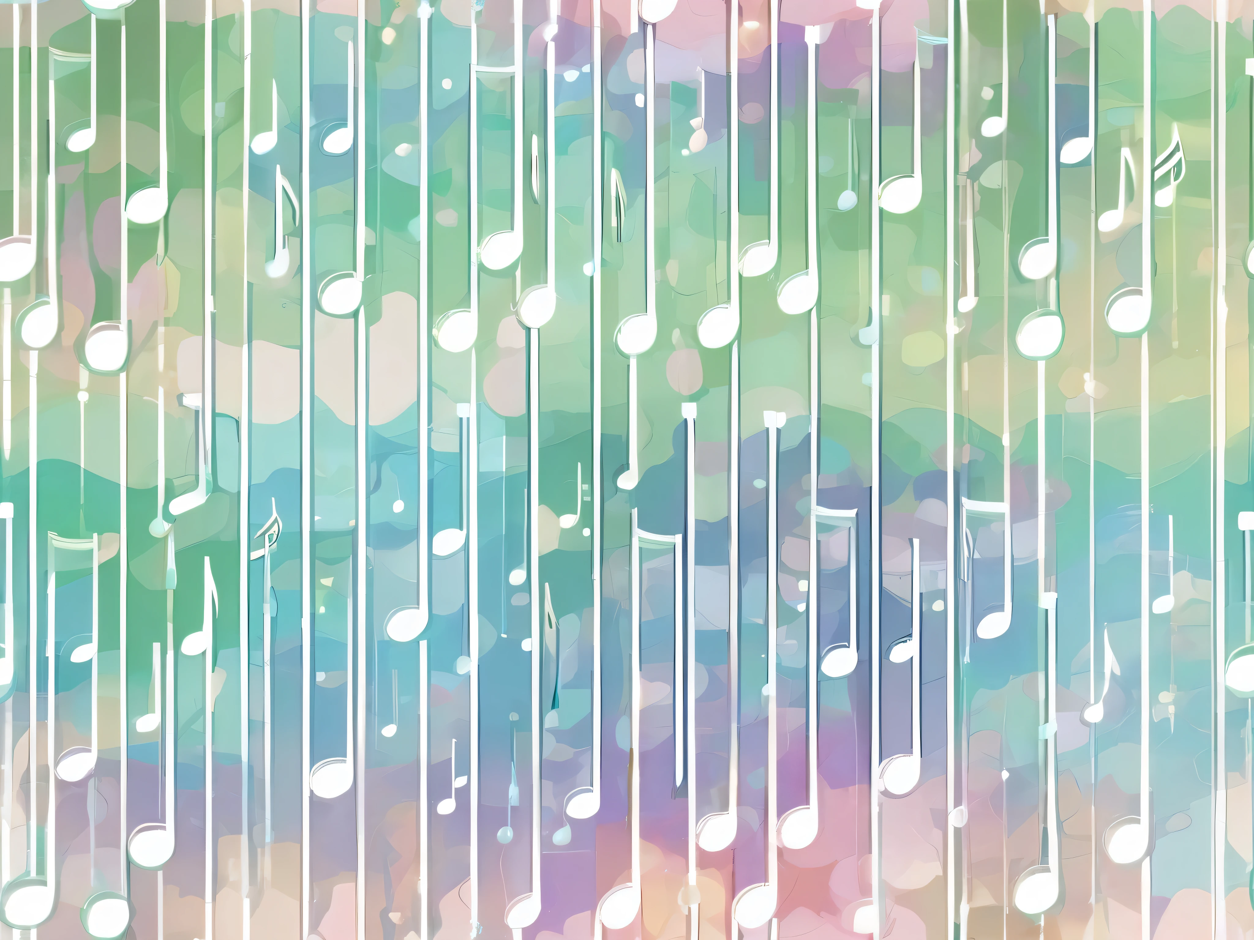  pale watercolor musical note pattern。GRAPHIC MATERIAL 。 with gentle pastel colors at the center 、 transparent light tones spread 。The background has a soft gradation 、green、Light blue harmonizes 。It comes in a variety of sizes、 bleeding outlines 。 with a soft and delicate atmosphere throughout 、 gentle and dreamy art style。