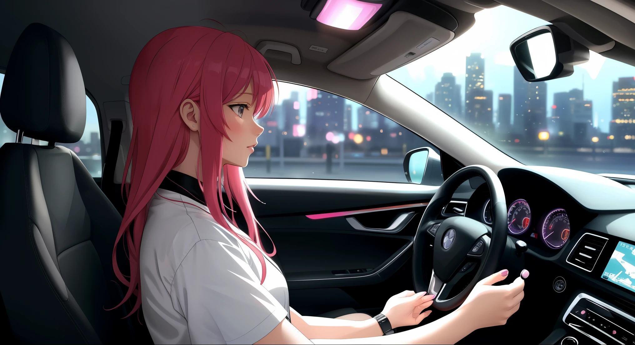 "An anime-style illustration of a woman inside a standard car, viewed from a side angle. She is wearing a white shirt and black trousers, with both hands on the steering wheel. The background shows a vibrant cityscape with neon lights visible through the car windows. The focus is on her profile, capturing her calm and focused expression. The car interior is simple and modern, with soft lighting and reflections from the city outside."